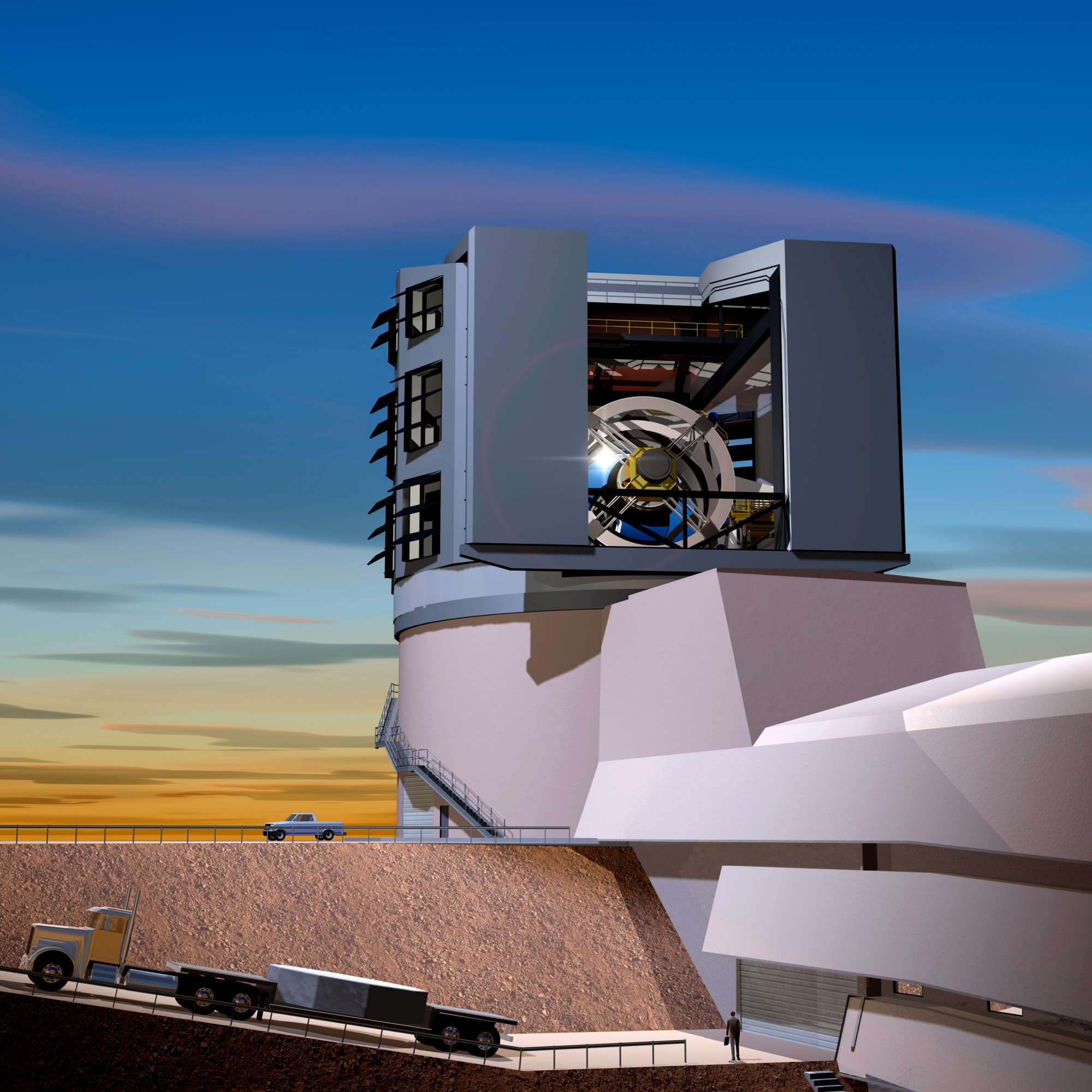 In this artist&#039;s rendition, the LSST primary mirror is seen through the slit of the dome at sunset. Image: LSST