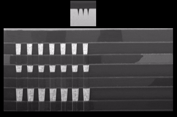 Serial slice and view combining both FIB and SEM allows imaging through a volume of the sample. The top is protected by platinum and three markers are milled and then used for automated drift and focus correction.