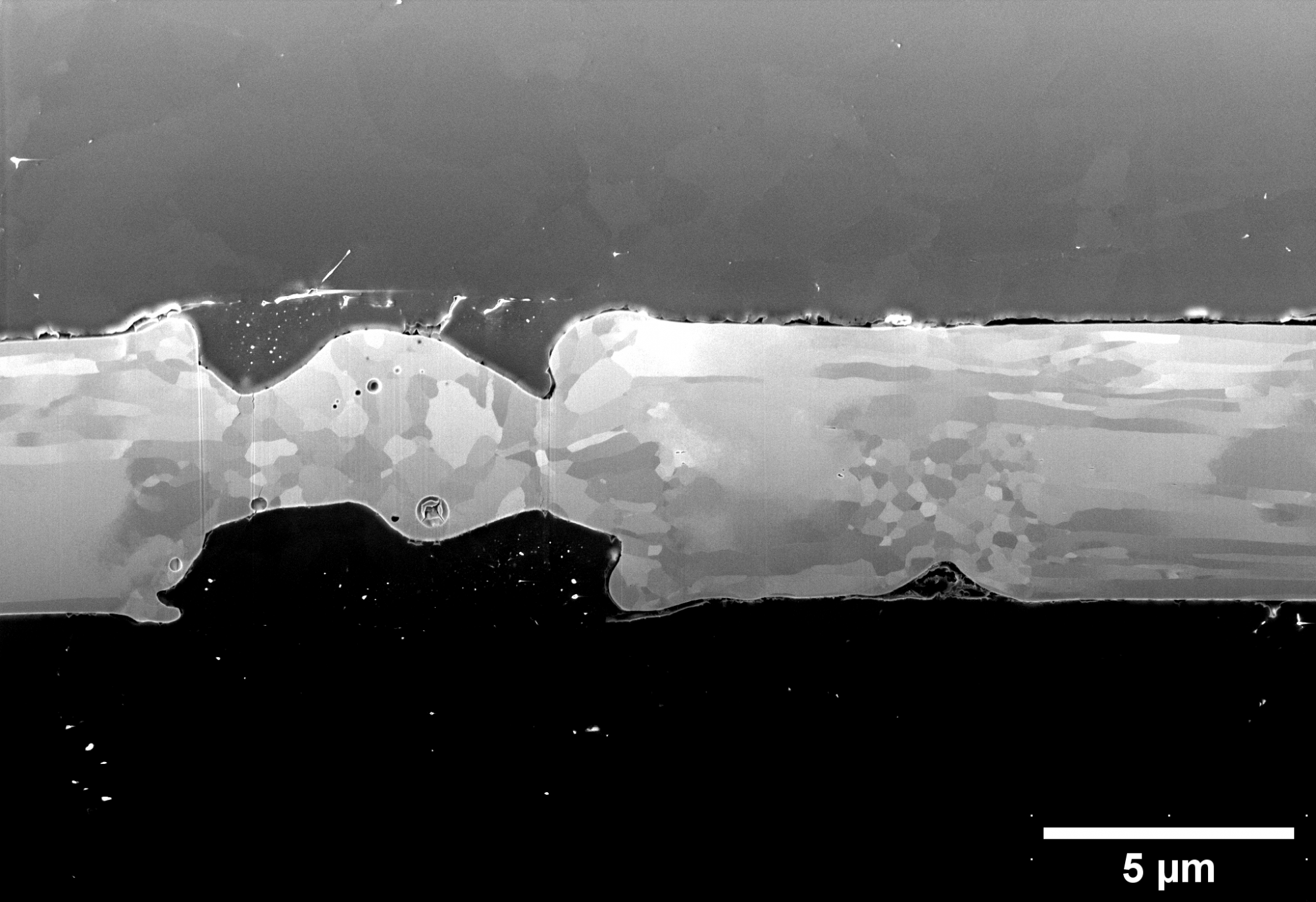 Cross-section of a metal film after a high temperature, high pressure experiment.