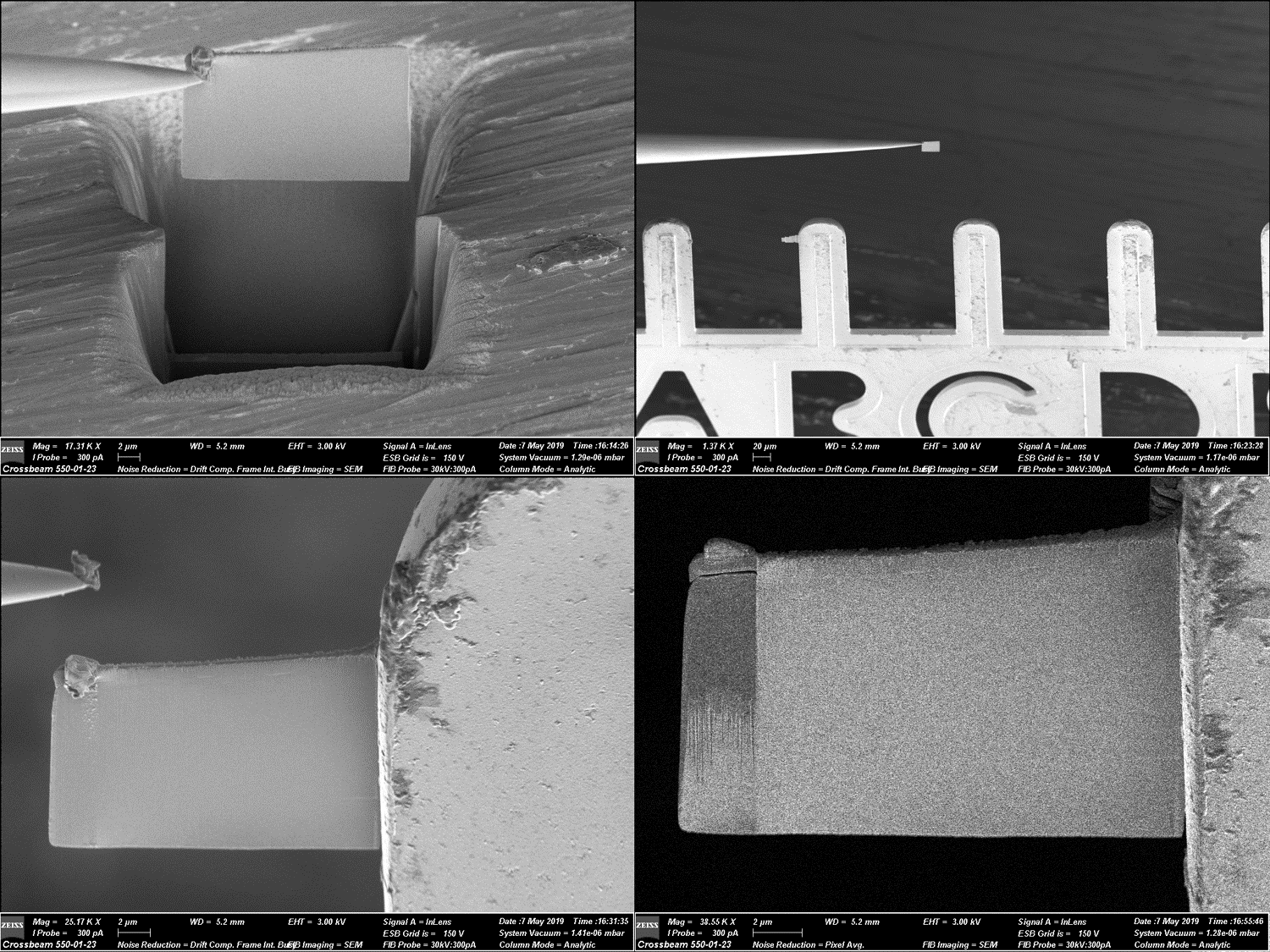 Four images showing the stages of an in-situ liftout for TEM sample preparation.