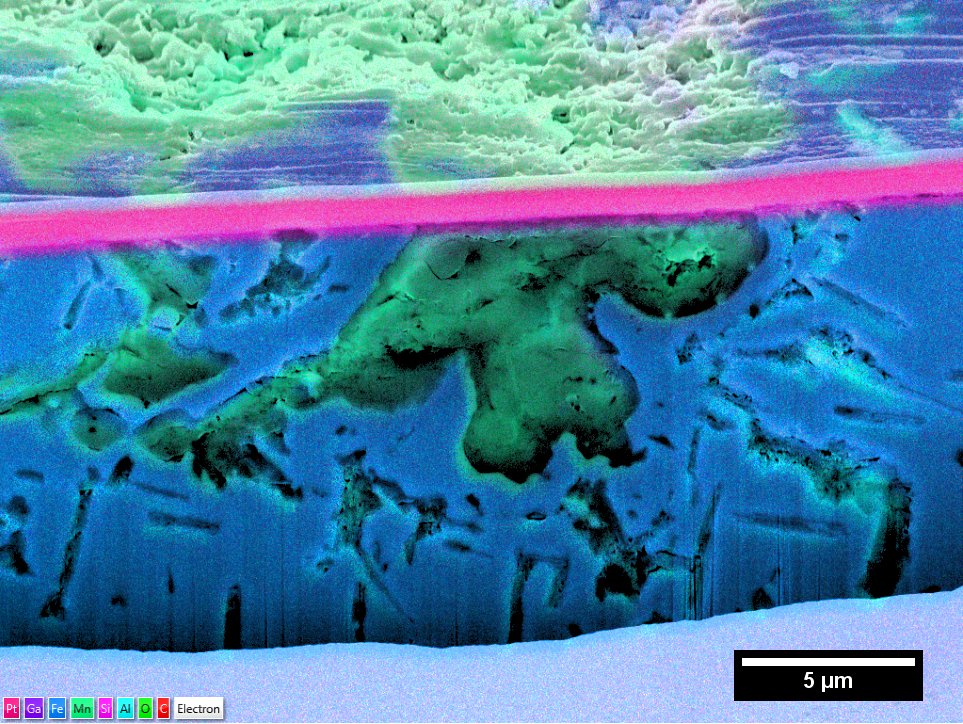 EDS used on a FIB cross-section cut into steel.