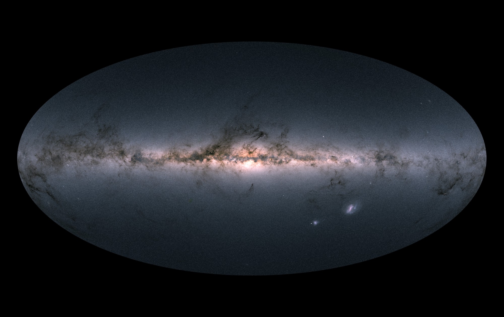 Gaia&#039;s all-sky view of our Milky Way Galaxy and neighbouring galaxies, based on measurements of nearly 1.7 billion stars. The map shows the total brightness and colour of stars observed by the ESA satellite in each portion of the sky between July 2014 and May 2016.
