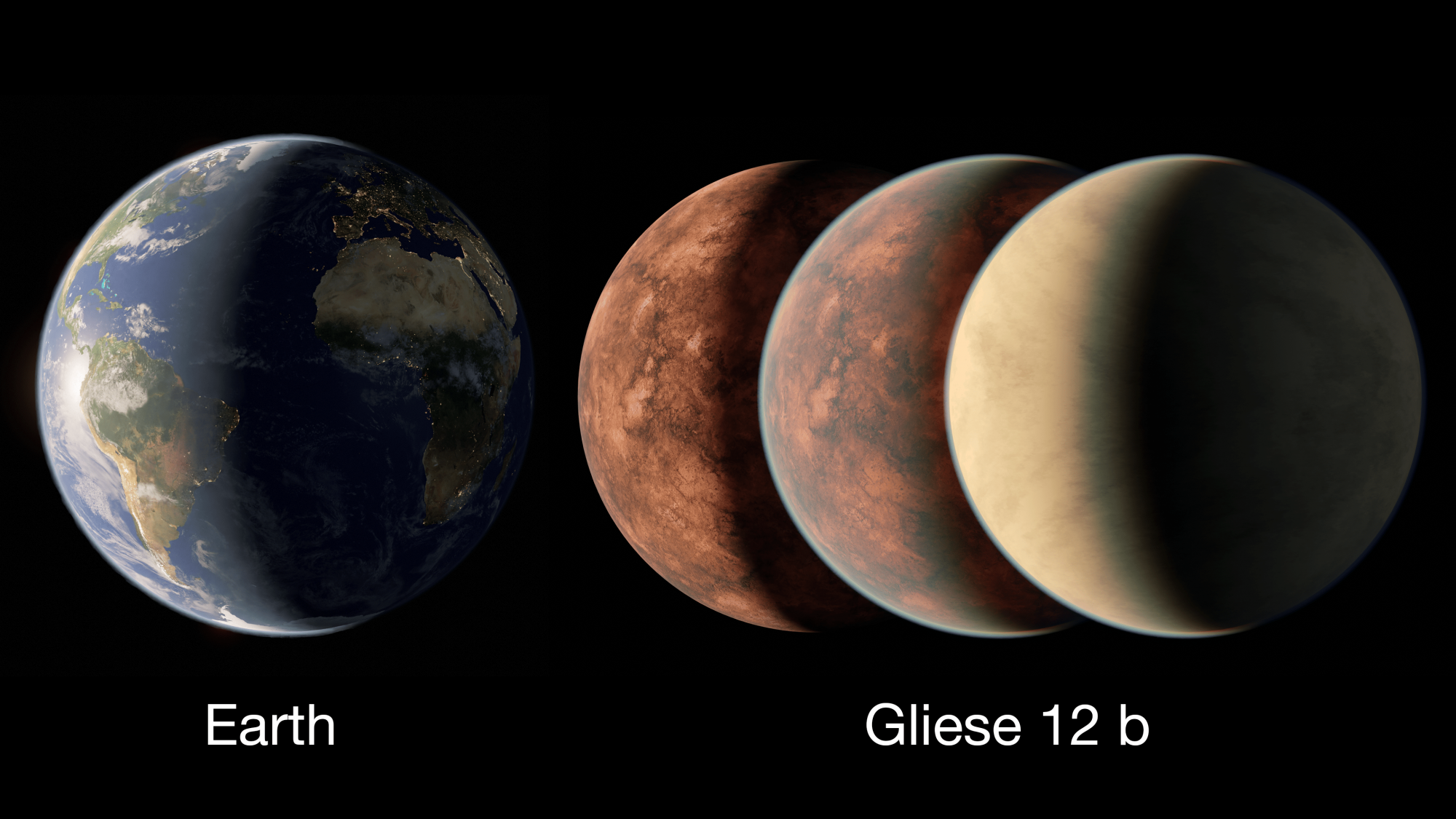 Gliese 12 b’s estimated size may be as large as Earth or slightly smaller — comparable to Venus in our solar system. This artist’s concept compares Earth with different possible Gliese 12 b interpretations, from one with no atmosphere to one with a thick Venus-like one. Credit: NASA/JPL-Caltech/R. Hurt (Caltech-IPAC)