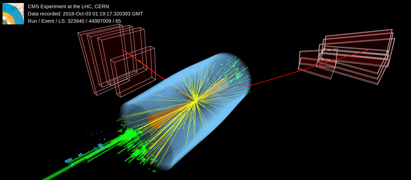 The forward jets from the VBF are depicted by the orange cones and the muons are drawn as long red lines. Credit: CMS Collaboration