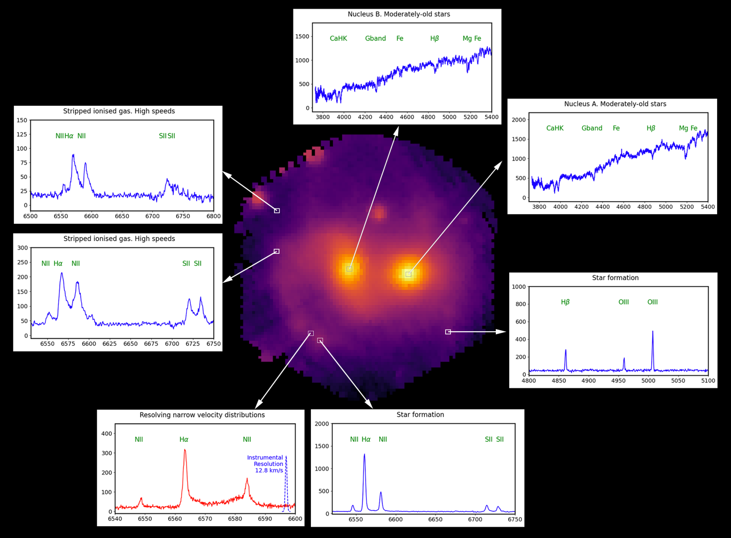 The figure shows the intensity of light from the fibres which builds the image of galaxies shown in the centre. Seven examples of individual spectra are shown, each providing a wealth of information about the physical conditions at each location.