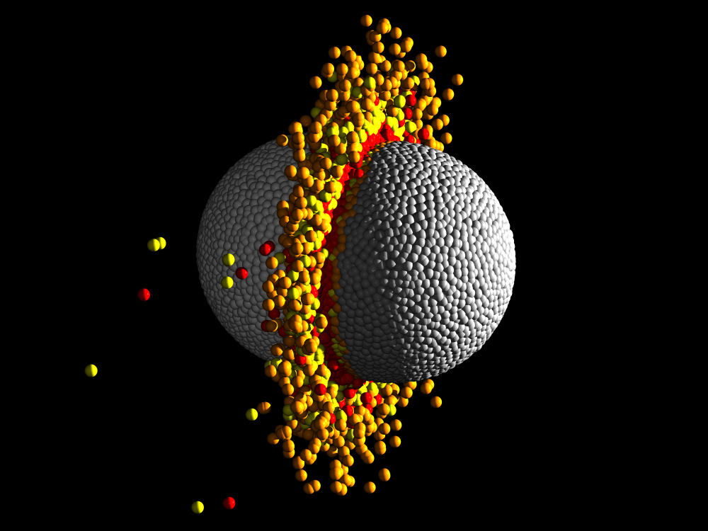 Hydrodynamical simulation of a high-speed head-on collision between two 10 Earth-mass planets. The temperature range of the material is represented by four colours - grey is the coolest and red is the hottest. Such collisions eject silicate mantle material leaving a high-iron content, high-density remnant planet similar to the characteristics of Kepler-107c. Credit: Zoe M. Leinhardt &amp; Thomas Denman, University of Bristol