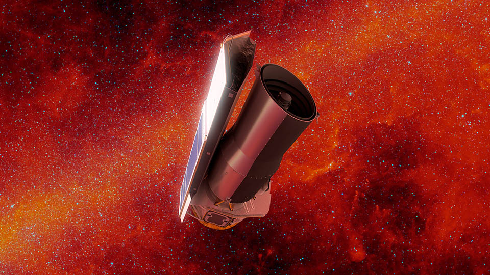 This artist&#039;s concept depicts NASA&#039;s Spitzer Space Telescope in space much as it would appear at the end of its mission on January 30, 2020. The backdrop depicts the sky in infrared light much as Spitzer would have seen it early in its mission. Credit: NASA/JPL-Caltech/R. Hurt (IPAC)