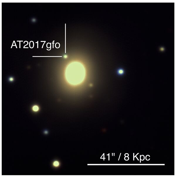 The transient is pointed out, at a location where just a few days earlier, nothing remarkable could be detected. Image from PESSTO