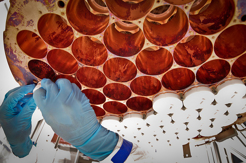 The bottom photomultiplier tube (PMT) array installation taking place inside the cleanroom. Photo by C.H. Faham