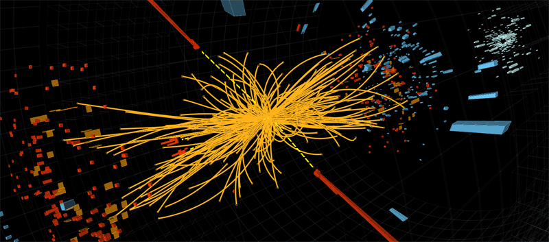 A proton-proton collision event in the CMS experiment producing two high-energy photons (red towers). This is what we would expect to see from the decay of a Higgs boson but it is also consistent with background Standard Model physics processes. © CERN 2012