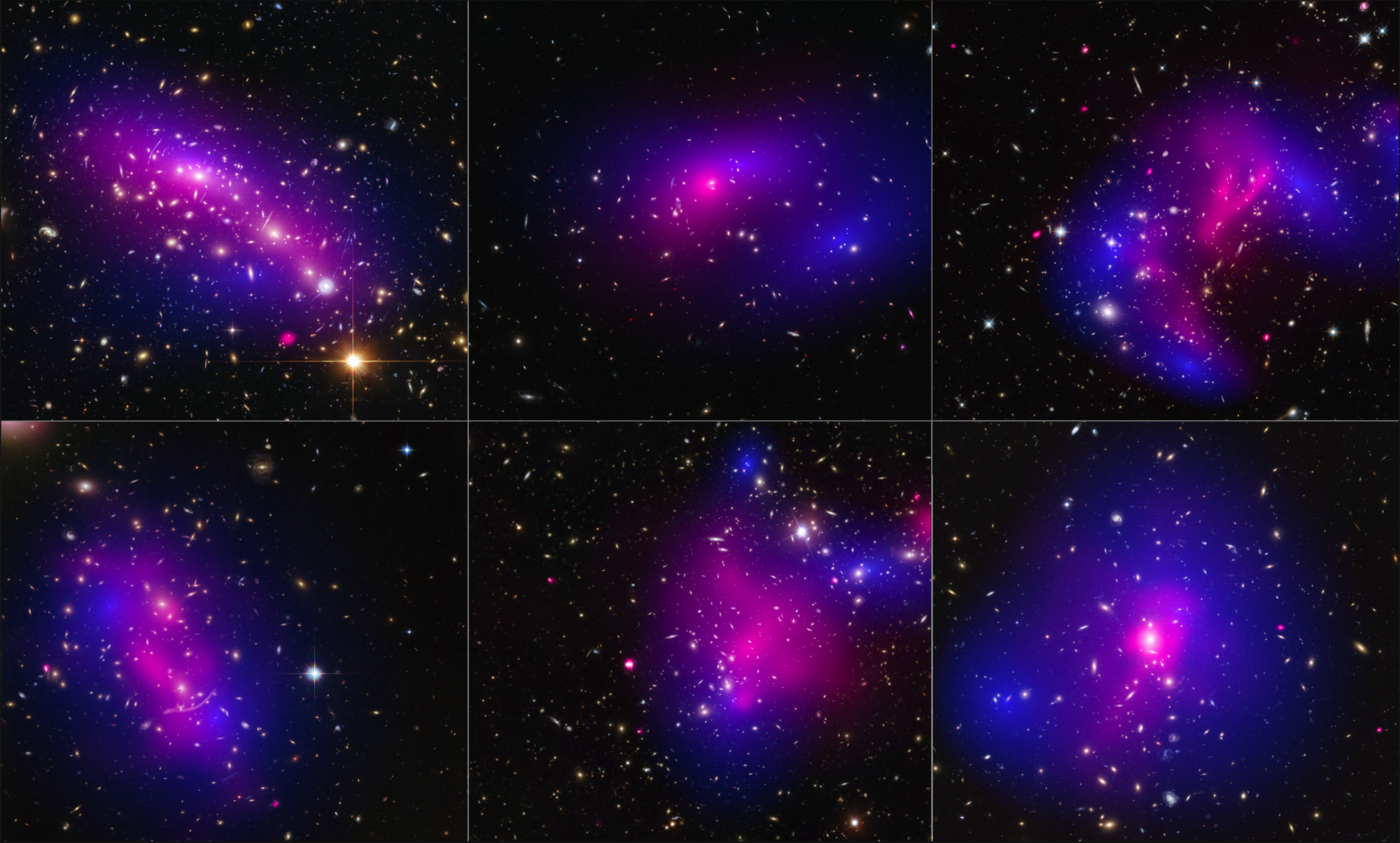 Six galaxy clusters pictured by NASA&#039;s Hubble Space Telescope and Chandra X-ray Observatory. Stars and dark matter are shown in blue, and impacted gas in pink. Credit: NASA/ESA/STScI/CXC