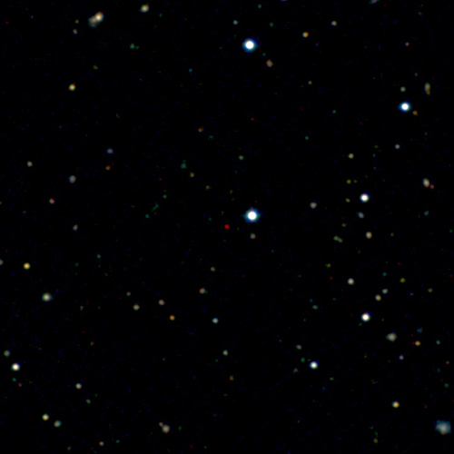 Figure 3. Image of the new most distant quasar ULAS J1120+0641. The quasar is the red dot near the center of the image. The picture is a color composite made from images taken with the Liverpool Telescope and the United Kingdom Infrared Telescope. The quasar lies in the constellation Leo, a few degrees from the bright galaxy Messier 66. Image Credit: UKIRT/Liverpool Telescope