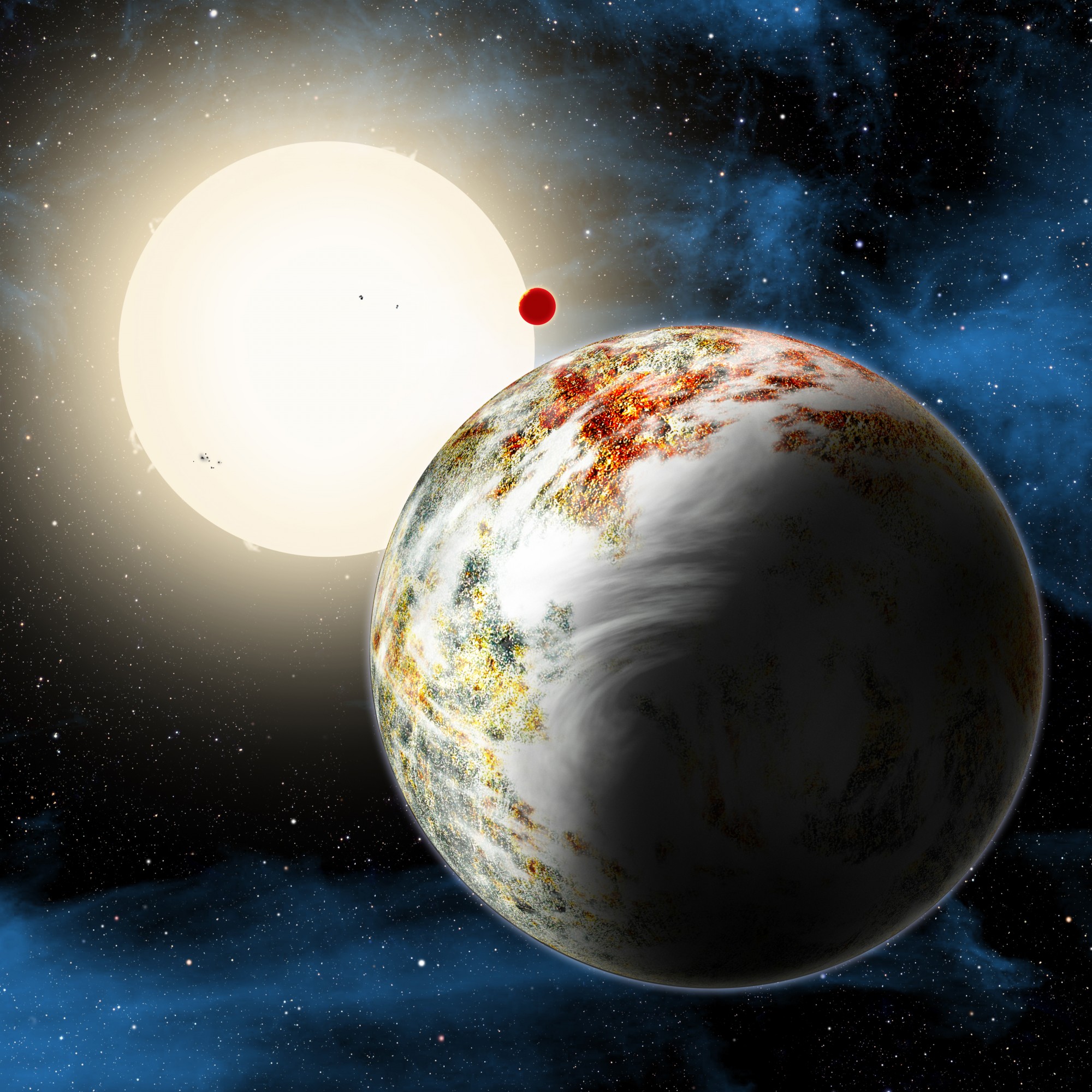 The newly discovered &quot;mega-Earth&quot; Kepler-10c dominates the foreground in this artist&#039;s conception. Its sibling, the lava world Kepler-10b, is in the background. Both orbit a sunlike star. Kepler-10c has a diameter of about 18,000 miles, 2.3 times as large as Earth, and weighs 17 times as much. Therefore it is all solids, although it may possess a thin atmosphere shown here as wispy clouds. Image: David A. Aguilar (CfA)