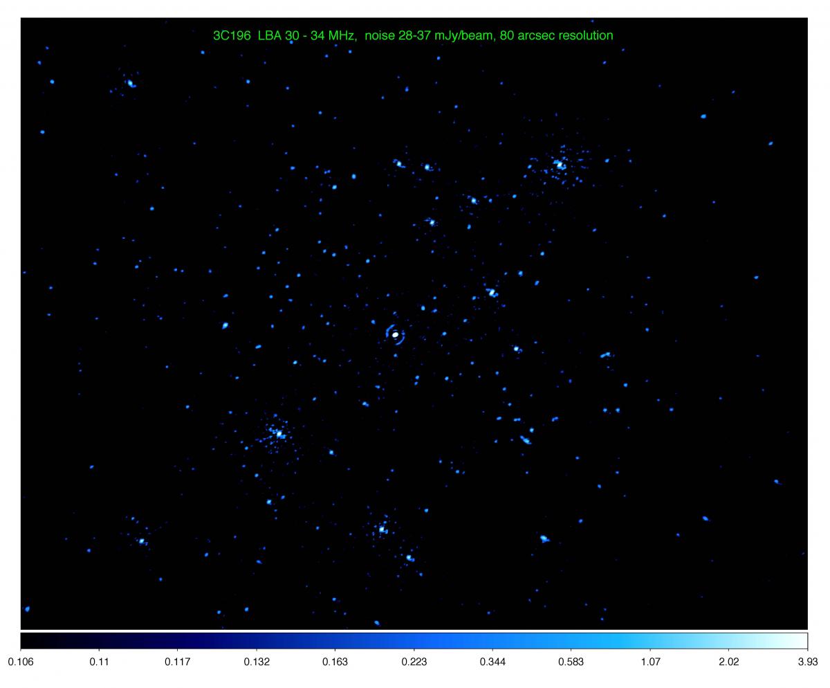 A patch of the sky 15 degrees wide (as large as a thousand full moons) taken in a single shot by LOFAR. The image reveals the stunning variety of objects which surround the quasar 3C196. Credit: ASTRON and LOFAR commissioning teams led by Olaf Wucknitz (Bonn) and Reinout van Weeren (Leiden Observatory).