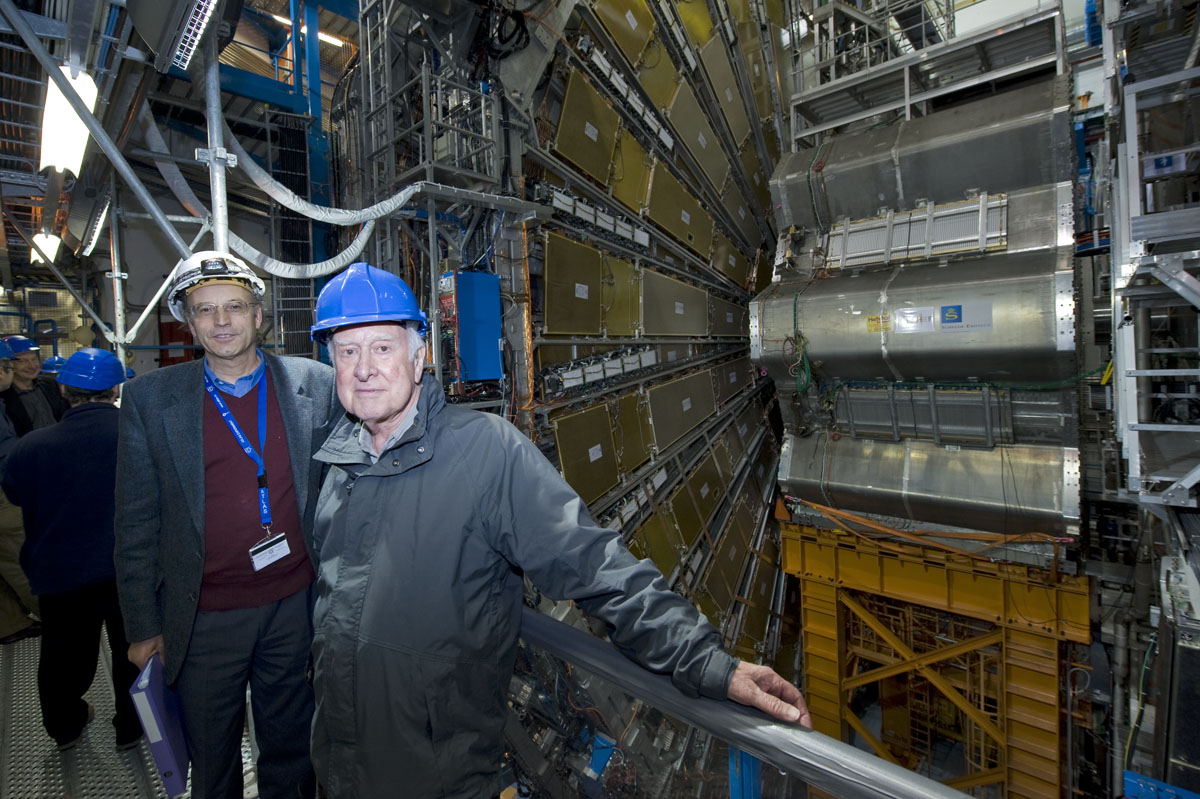 Peter Jenni, spokesperson for the ATLAS experiment, with Peter Higgs in front of the ATLAS experiment. Photograph copyright Claudia Marcelloni, ATLAS &amp; CERN.