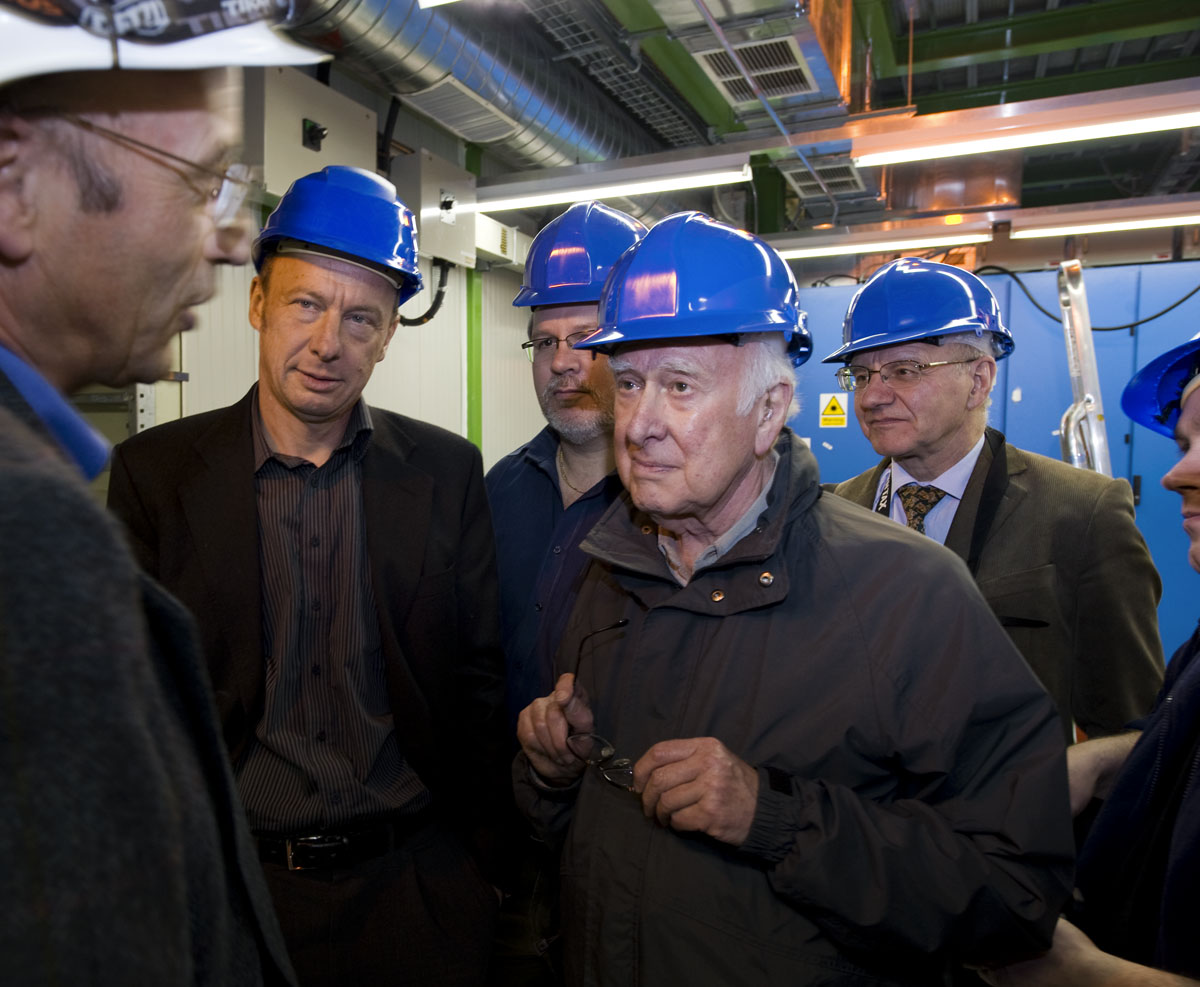 From left to right: Peter Jenni, Richard Kenway, Franz Muheim, Peter Higgs, Alan Walker and Peter Reid whilst visiting the ATLAS experimental cavern. Photograph copyright Claudia Marcelloni, ATLAS &amp; CERN.