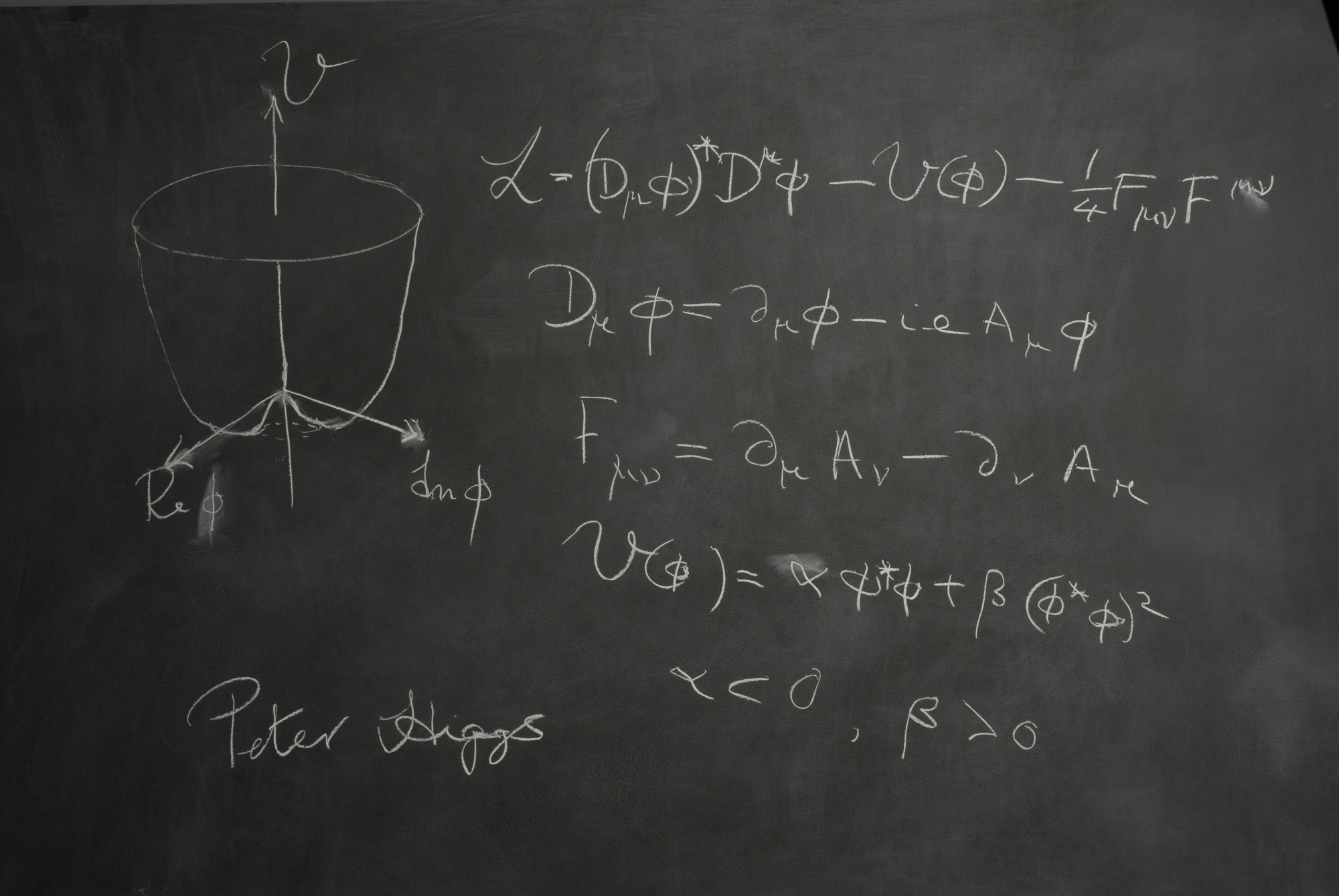 Blackboard prepared by Peter Higgs for photo-shoot on 17 June 2009.