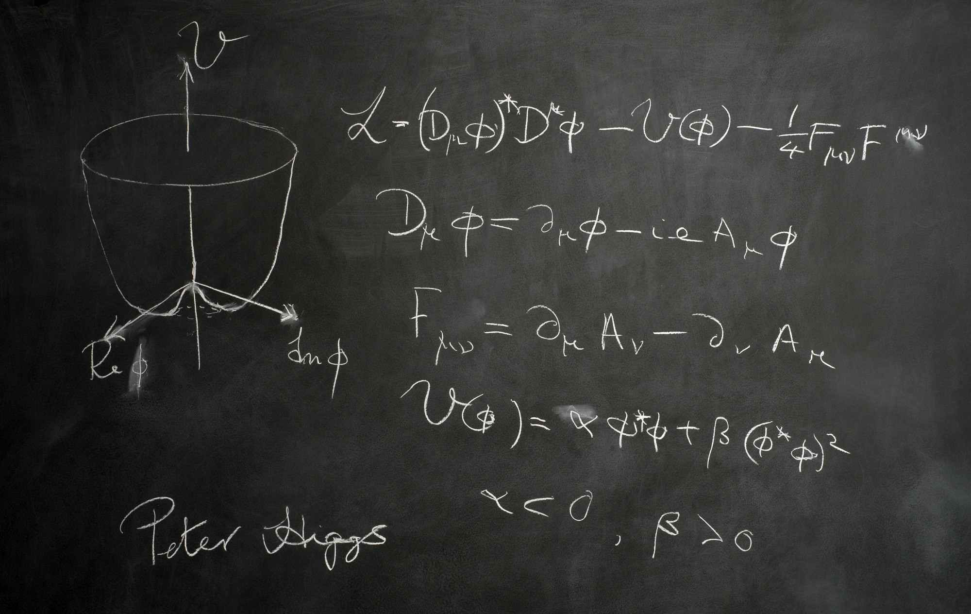 Blackboard prepared by Peter Higgs for photo-shoot on 17 June 2009.