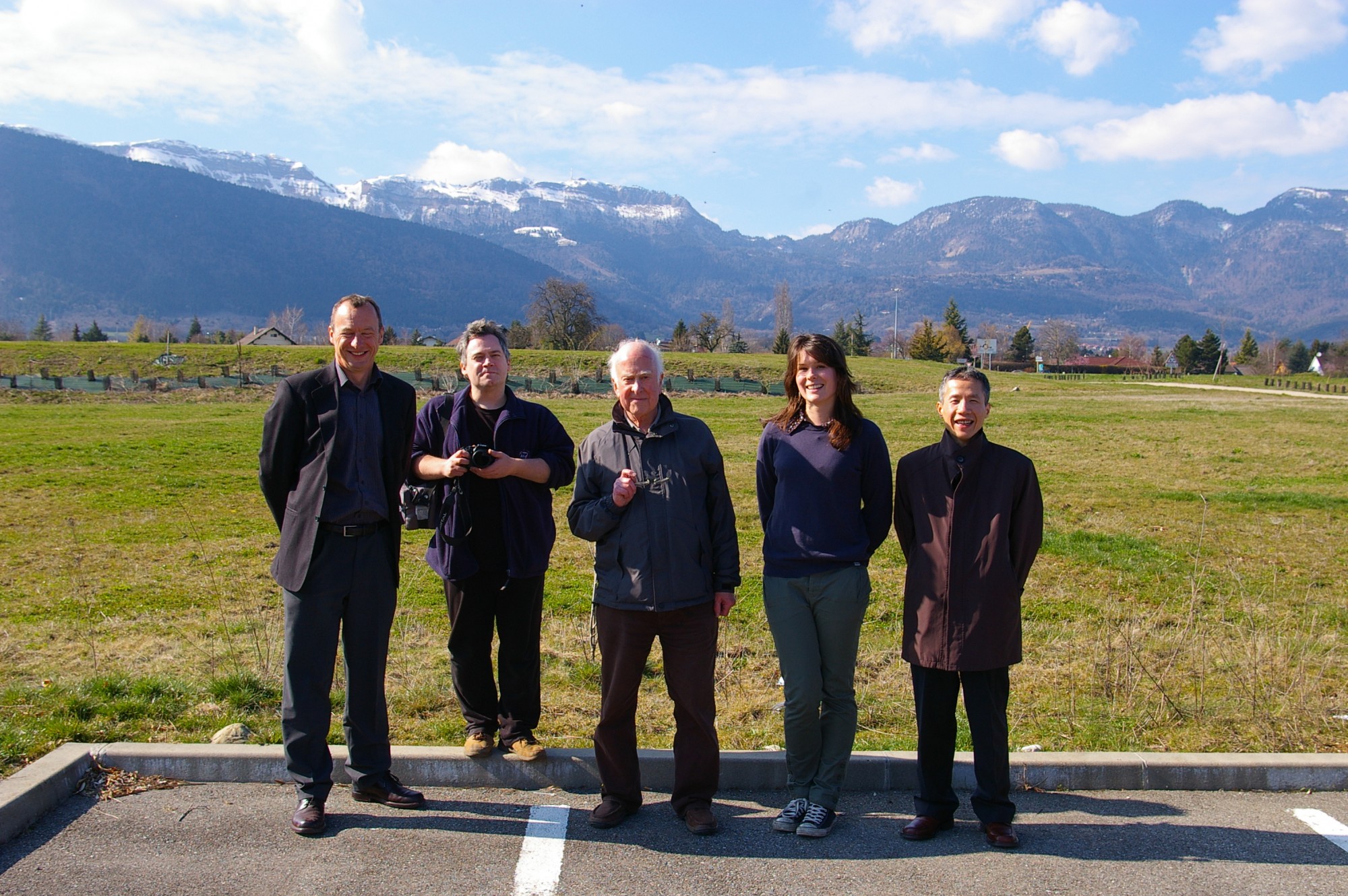 Left to right: Richard Kenway, Peter Reid, Peter Higgs, Jessica Griggs and Yuehong Xie at the CMS site in Cessy. Photograph copyright Alan Walker, University of Edinburgh.