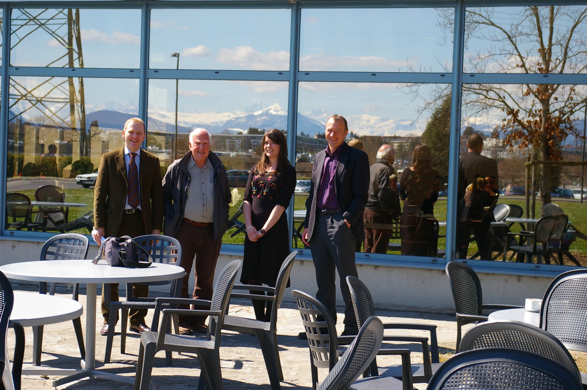 Left to right: Ronnie Kerr, Peter Higgs, Jessica Griggs and Richard Kenway relaxing at CERN Restaurant 1 after the conclusion to the visit. Photograph copyright Alan Walker, University of Edinburgh.