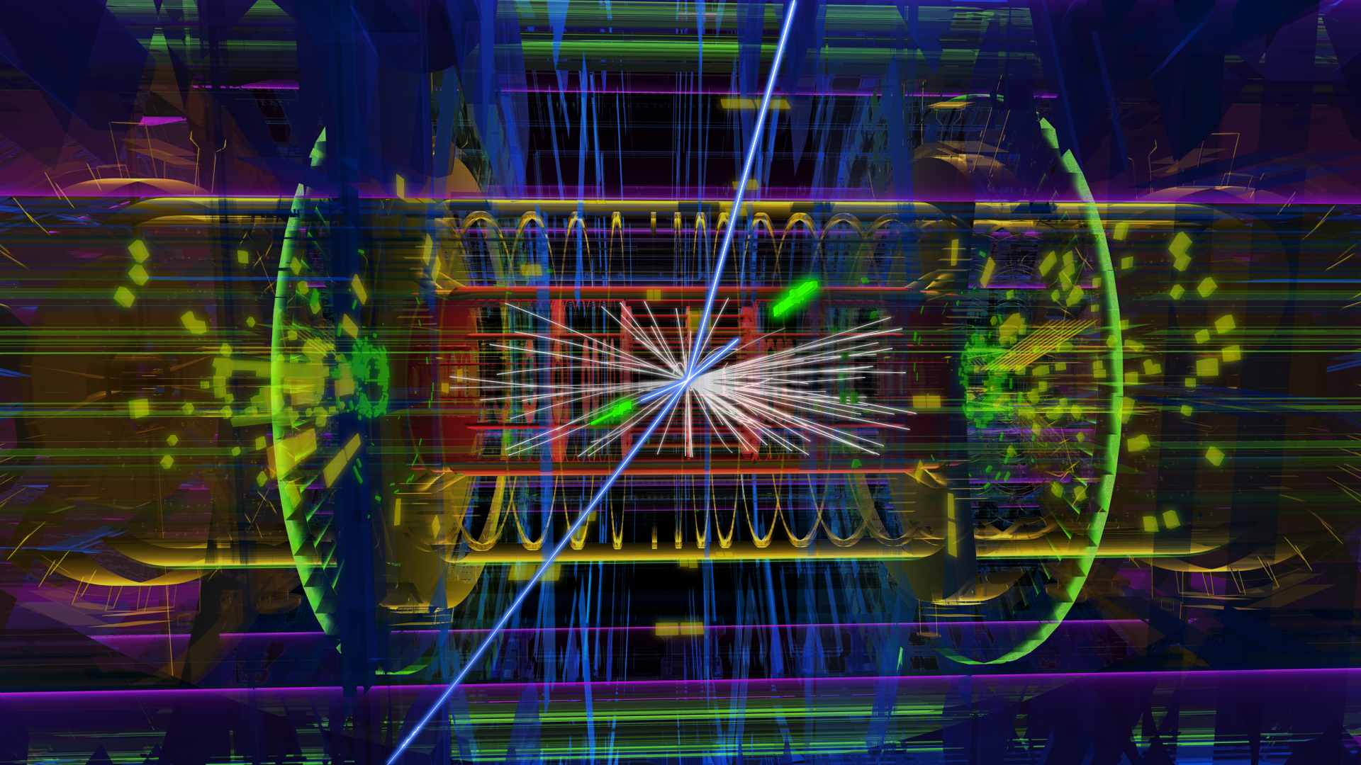 A proton-proton collision in the ATLAS experiment.  The lines and boxes illustrate particles produced in the collision and detected by ATLAS.  The two bright green lines illustrate two detected high-energy electrons, the blue lines illustrate detected high-energy muons. produced in the high energy collision.  These two electron and two muons may be from the decay of a Higgs boson produced in the collision.