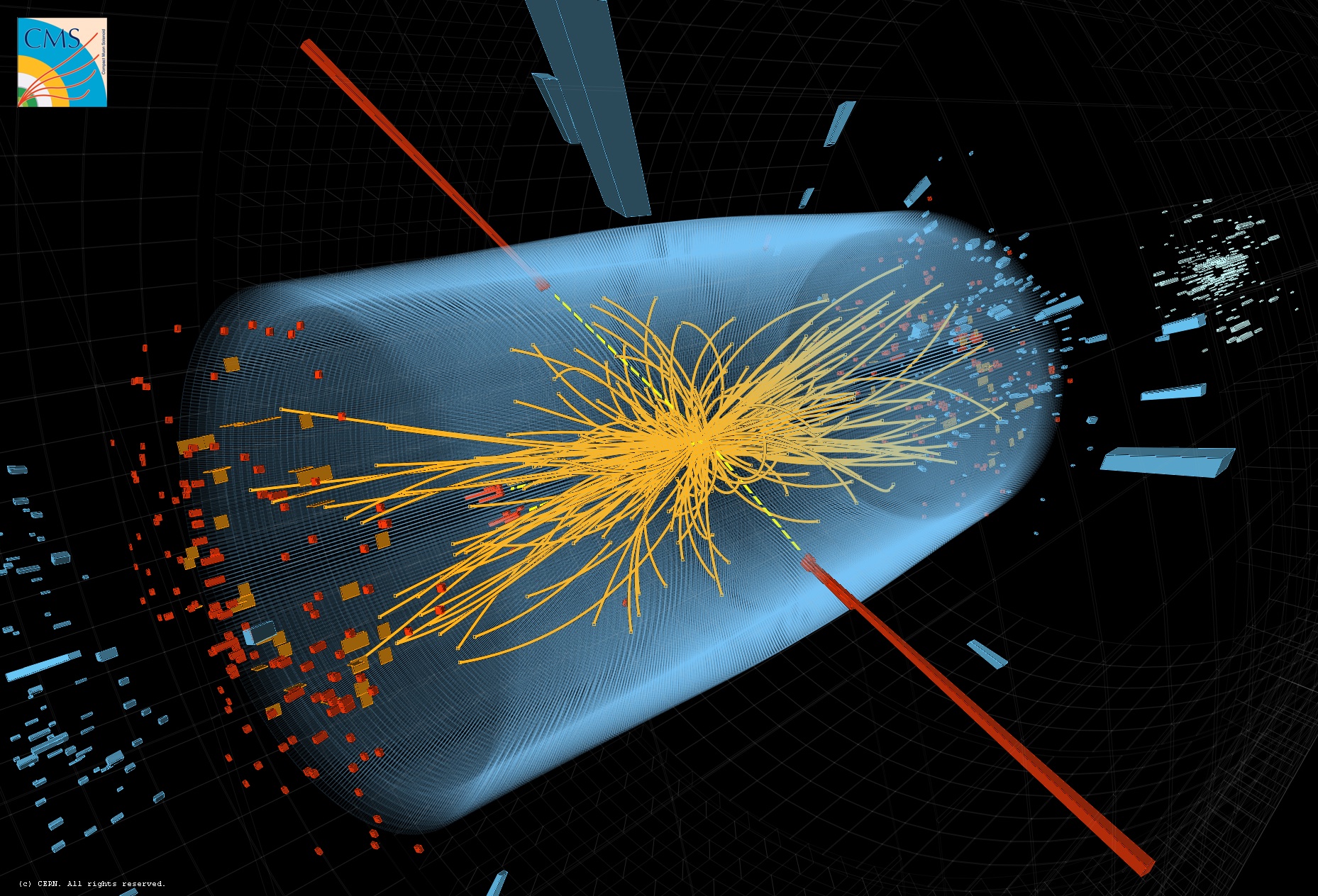 A proton-proton collision in the CMS detector, the red lines rods illustrate two detected photons produced in the high energy collision.  These could be the result of a Higgs boson being produced and decaying into two photons.