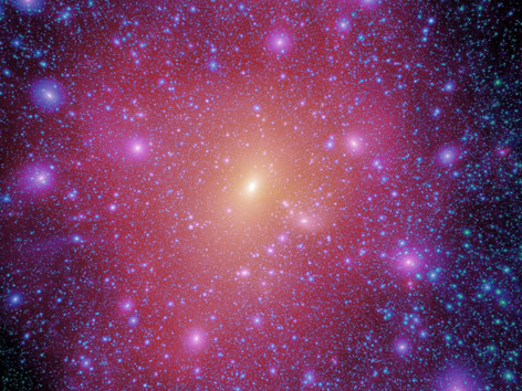 PS-1 will enable scientists to investigate the distribution and properties of the invisible dark matter by exploiting Einstein&#039;s discovery that matter bends light. (Credit: The Virgo Consortium/2008)