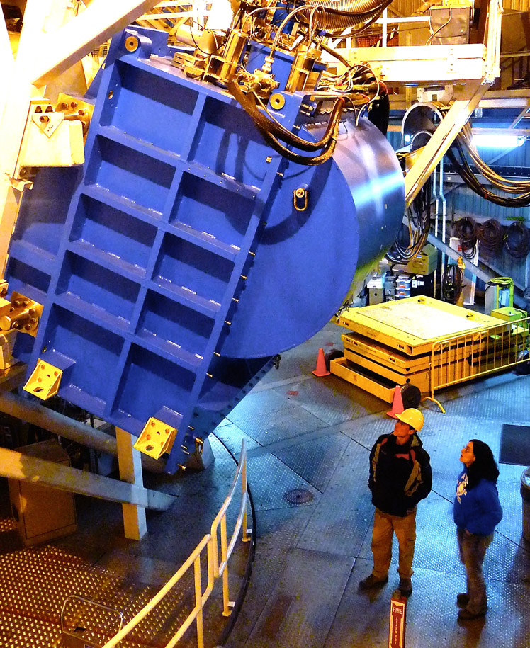 The instrument weighs 4.5 tonnes and is 3 m high. The massive blue box contains the camera and keeps it cold at only 0.1 degrees C above absolute zero (-273 degrees C). Submillimetre light from the telescope enters through a small window on the left-hand side (behind the white bars) and is directed onto the two sets of detectors. Credit: Joint Astronomy Centre