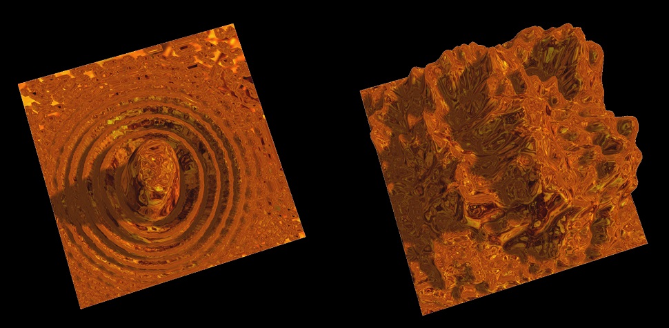 Numerical simulations of a turbulent plate. Left: just after a strike. Right: Turbulent profile some time after the strike. Pictures taken from SounViz R 17.1, a web browser app developed by Theo Armour and based on Dr Ducceschi&#039;s modal code for plates (project under development, available here <a href="http://soundviz.github.io/r17/soundviz-r17.html#">http://soundviz.github.io/r17/soundviz-r17.html#</a>).