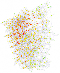 A part of the network of chemical compounds (circles) and reactions (lines) which was used as the source of new metabolic pathways.