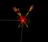Simulated production of a Higgs event in ATLAS.
