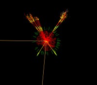 Simulated production of a Higgs event in ATLAS. This track is an example of simulated data modelled for the ATLAS detector on the Large Hadron Collider at CERN Simulated production of a Higgs event in ATLAS.