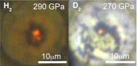 Hydrogen (left) and deuterium (right) samples at very high pressures in reflected and transmitted light as seen through the diamonds.