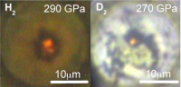 Hydrogen (left) and deuterium (right) samples at very high pressures in reflected and transmitted light as seen through the diamonds. 