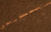 This colour view of a mineral vein called Homestake comes from the panoramic camera on NASA's Mars Exploration Rover 'Opportunity'. The vein is about the width of a thumb and about 45cm long. Opportunity examined it in November 2011 and found it to be rich in calcium and sulphur, possibly the calcium-sulfate mineral gypsum. The Homestake mineral vein on Mars.