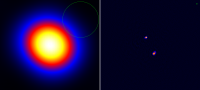 A close up of the quasar 3C196. Both images show the exact same patch of sky around the quasar. On the left is the image taken by the Dutch LOFAR telescopes; the image on the right was taken by the combined multi-national LOFAR telescopes which together provide a resolution as fine as 0.2 arcseconds, close to 1/10000 of the diameter of the moon. The two bright spots show the locations where two jets from the massive black hole in the centre of the galaxy are hitting other material in the galaxy A close up of the quasar 3C196. Both images show the exact same patch of sky aro